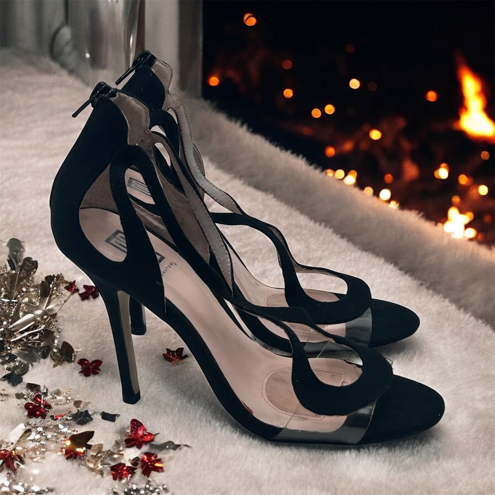 Black Synth./Leather Illusion Signature Ankle Strap Stiletto Heels Kennia US 7